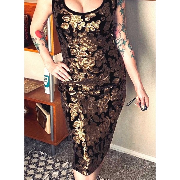 Tatyana Dresses & Skirts - Tatyana Black Velvet Gold Sequin Floral Wiggle Dress Pinup Cocktail Womens Small